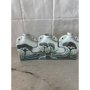 Vintage Mid Century Signed Pottery Conjoined Jigsaw Small Bottles with Stopper